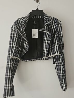 Forever 21 Black & White Plaid Cropped Blazer with Rhinestone Trim